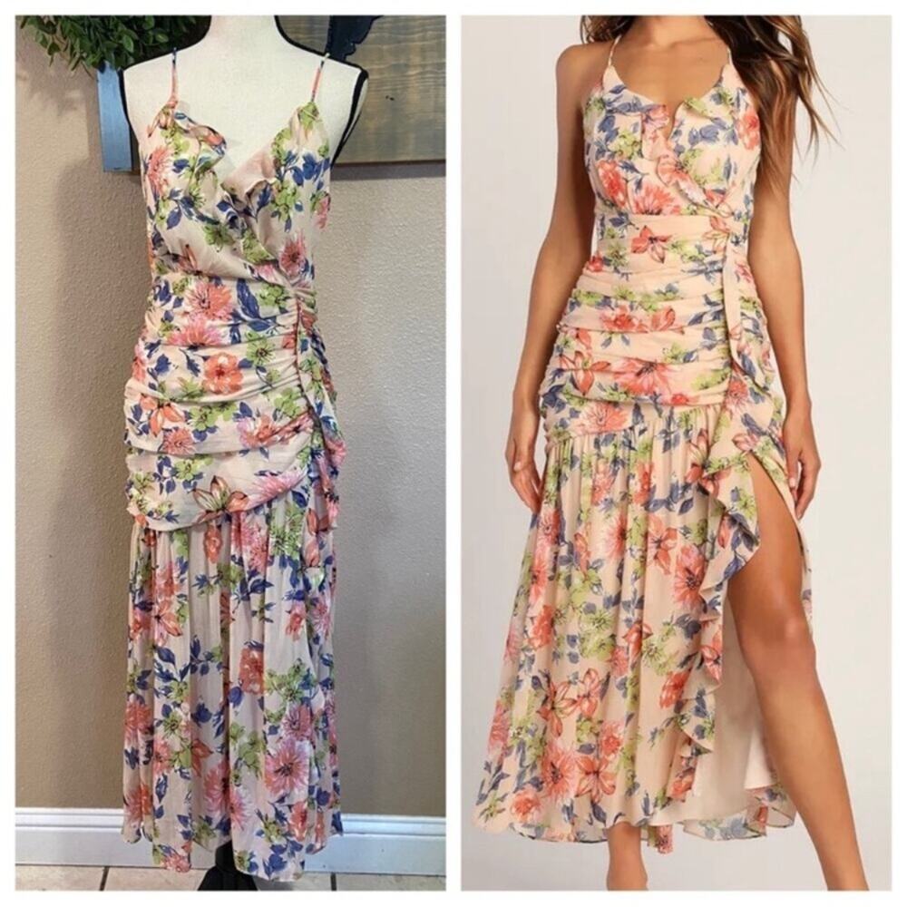 NWOT Lulus Stunning Soiree Pink Floral Print Ruched Midi Dress